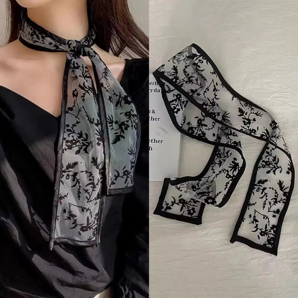 Y2k Sweet Flower Lace Neck Strap Dressing Decoration Korean Style Hair Band Neckerchief Transparent Long Ribbon Head Scarf