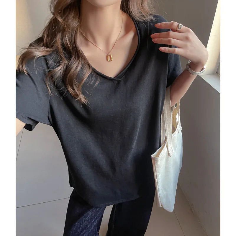 Daily Summer Curled V-neck T-Shirts Women Comfy Casual Korean Short Sleeve Breathable Office Soft Streetwear Street Basic Tops