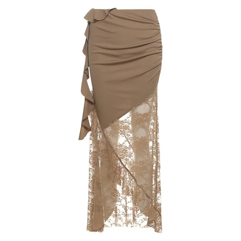 SylCue Mesh Patchwork Long Skirts Women Elastic Waist Solid Ruched Ruffles Tassel Street Fashion Elegant Style Skinny Outfits