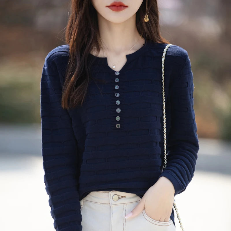 Autumn Winter Women 100% Cotton Sweater V-neck Half Open Buckle Pullover Square Pit Sweater Slim Knitted Warm Bottoming Tops