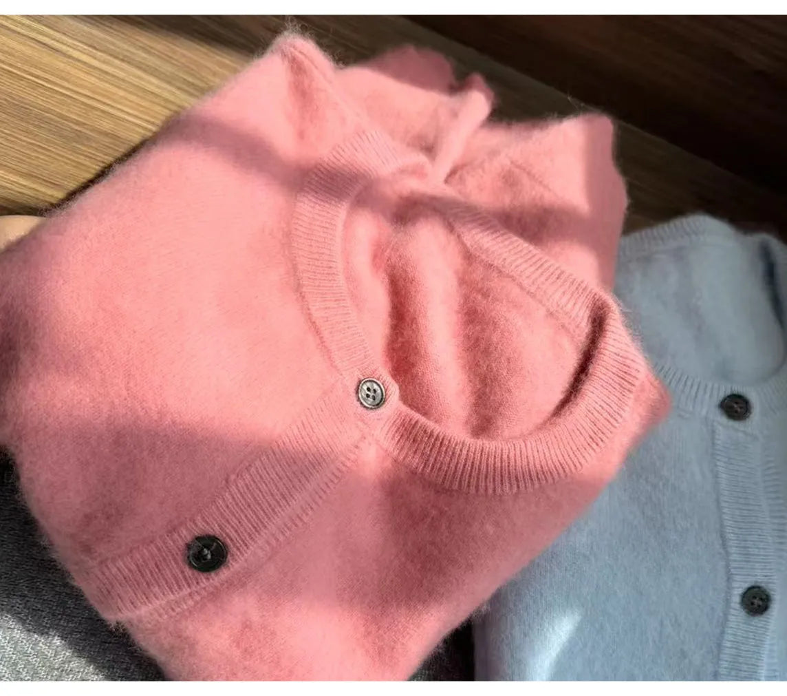 100% Pure Mink Cashmere sweater coat women's round-neck cardigan autumn and winter soft loose wool knitted foreign style top