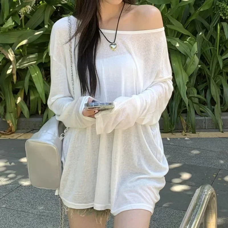 Korean Fashion Women Sheer Loose Tshirts Summer Casual Sun-proof Leisure Long Sleeve Clean Fit Ulzzang Style