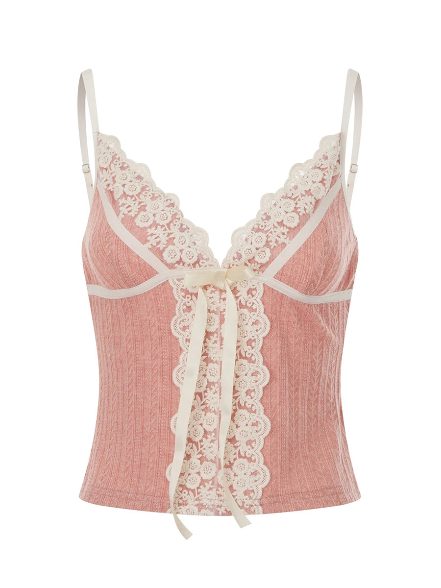 Women Lace Trim Vest Sleeveless V Neck Bow Slim Fit Tank Top Summer Casual Retro Y2K Crop Tops