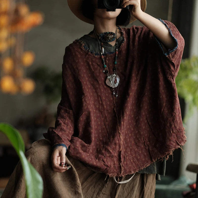100% Cotton Women Casual T-shirt New 2025 Autumn Vintage Style O-neck Polka Dot Loose Female Batwing Sleeve Tops Tees M1926
