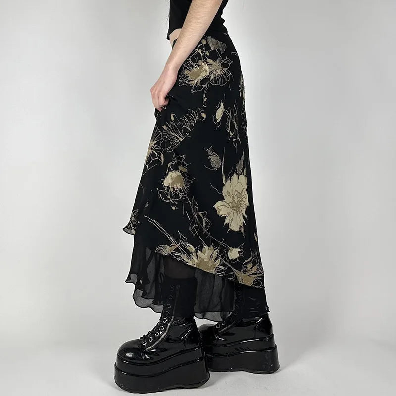 Y2K Aesthetics Mesh A-line Skirt Women Floral Print Slim Skirts Fairy Streetwear Gothic Bottoms Vintage Sweet Trendy 2026 New