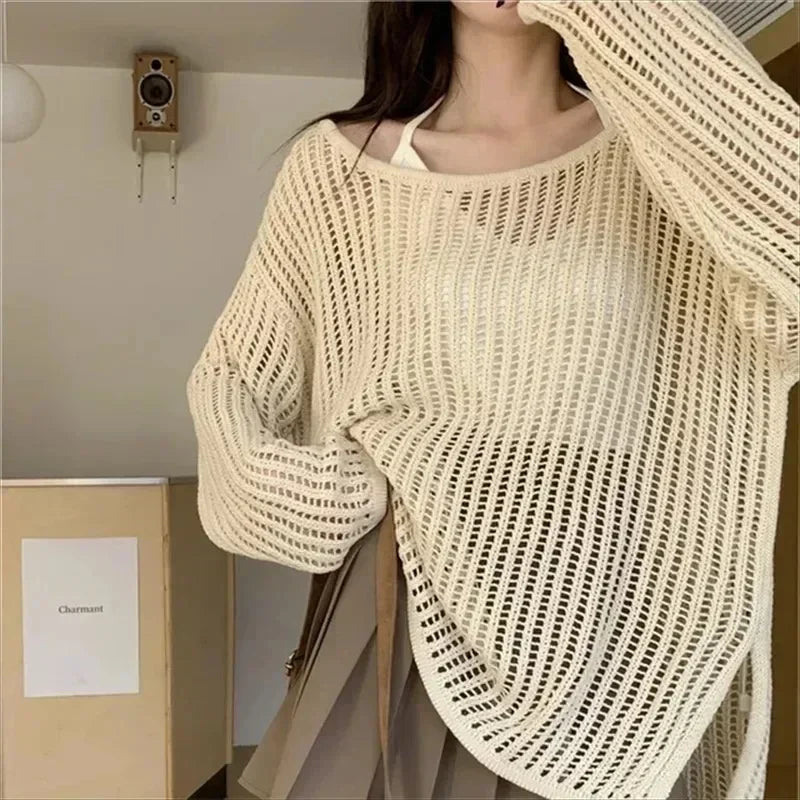 Y2K Hollow Out Crop Top Knitted Retro Long Sleeve T Shirt Women Summer Sun Protection Breathable Cardigans Patched Tee