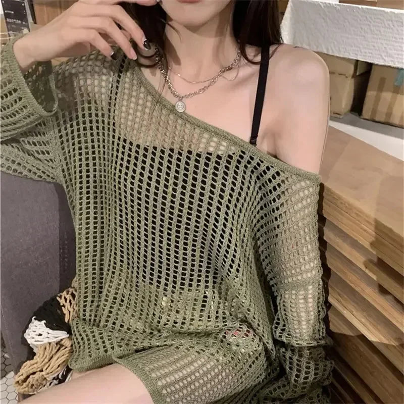 Y2K Hollow Out Crop Top Knitted Retro Long Sleeve T Shirt Women Summer Sun Protection Breathable Cardigans Patched Tee