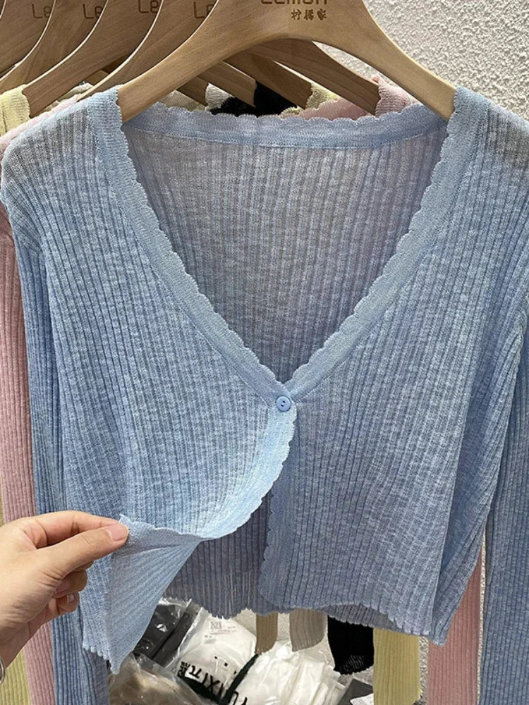 Short Ice Silk Knitted Sun Protection Cardigan Women's Thin Summer Autumn Suspender Skirt Layered Gauze Jacket