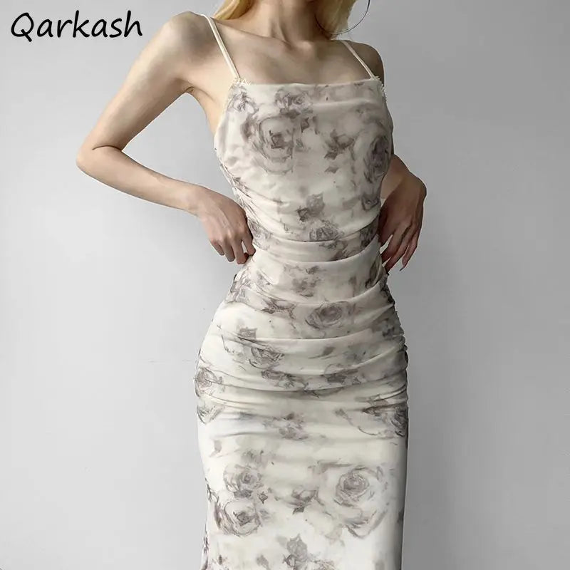 Spaghetti Strap Dresses Women French Style Elegant Flower Printed Pleated Midi Hip Wrap Summer Slim Stylish Office Lady Fashion