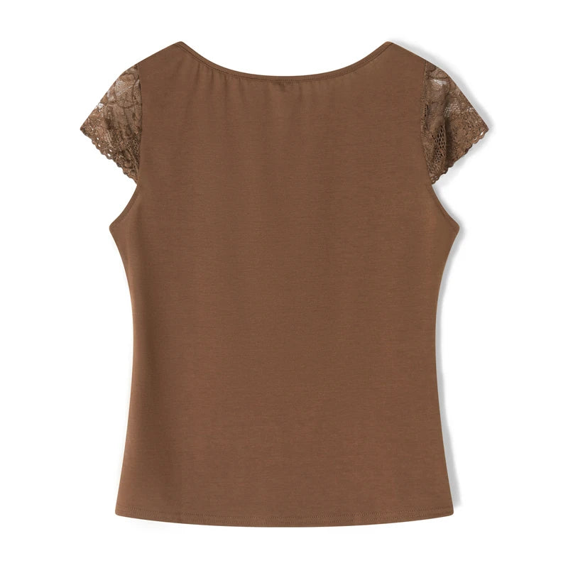 Xingqing Brown Lace Crop Tops Vintage Aesthetic Women V Neck Short Sleeve T Shirt y2k Fairy Grunge Clothes 2000s Streetwear