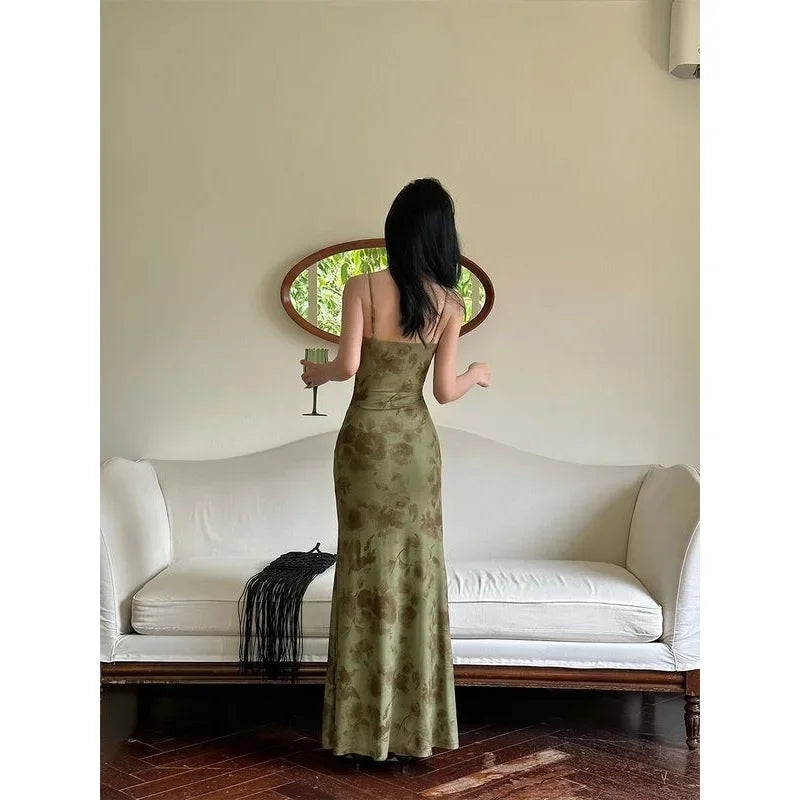 Elegant Green Floral Lace Halter Dress Women's Summer Design High Waist Bodycon Fish Tail Long Gown Chinese New Style