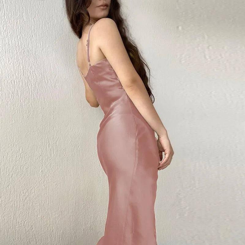 Women's Spring New Strap Women's Dress, European and American High end Sexy Spicy Girl, Low cut Satin Split Back