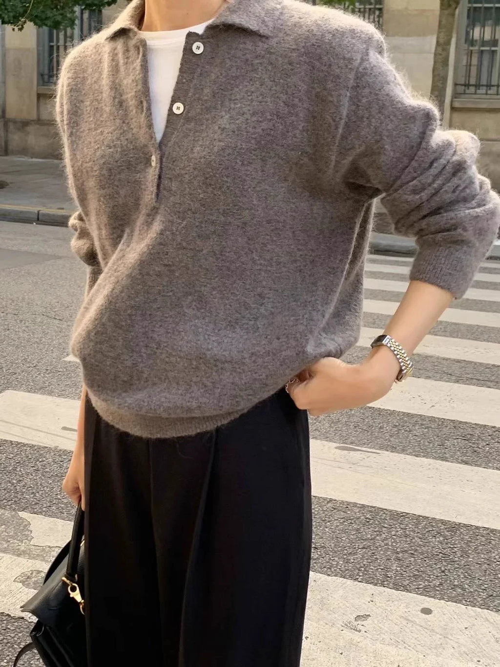 New 2025 women's collar pullover 100% wool sweater for autumn and winter knitting Short versatile women's wool sweater solid col