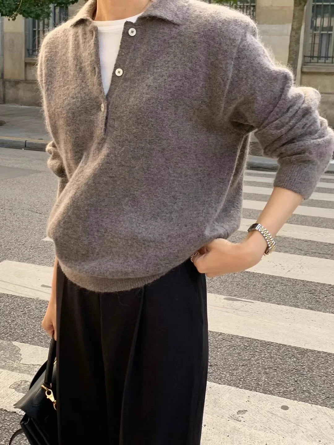 New 2025 women's collar pullover 100% wool sweater for autumn and winter knitting Short versatile women's wool sweater solid col
