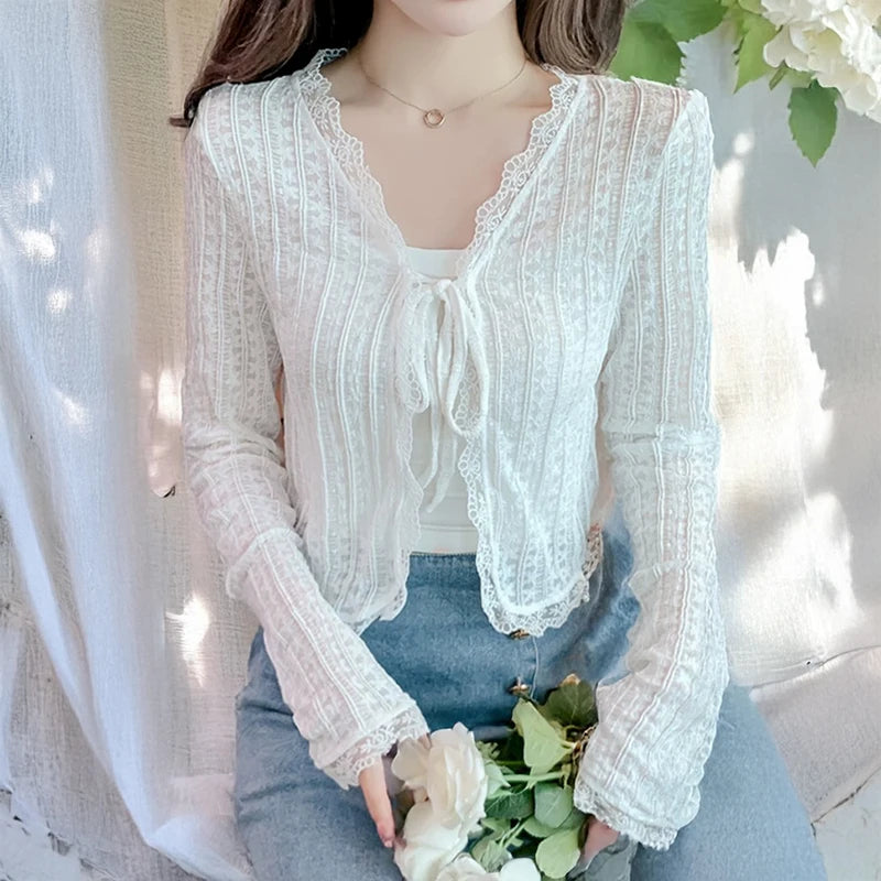 Sheer Lace Cardigan with Lace Trim Tie Front Long Sleeve Crop Top Women Textured Shrug Spring Summer 2026 Shrunken Cardigan